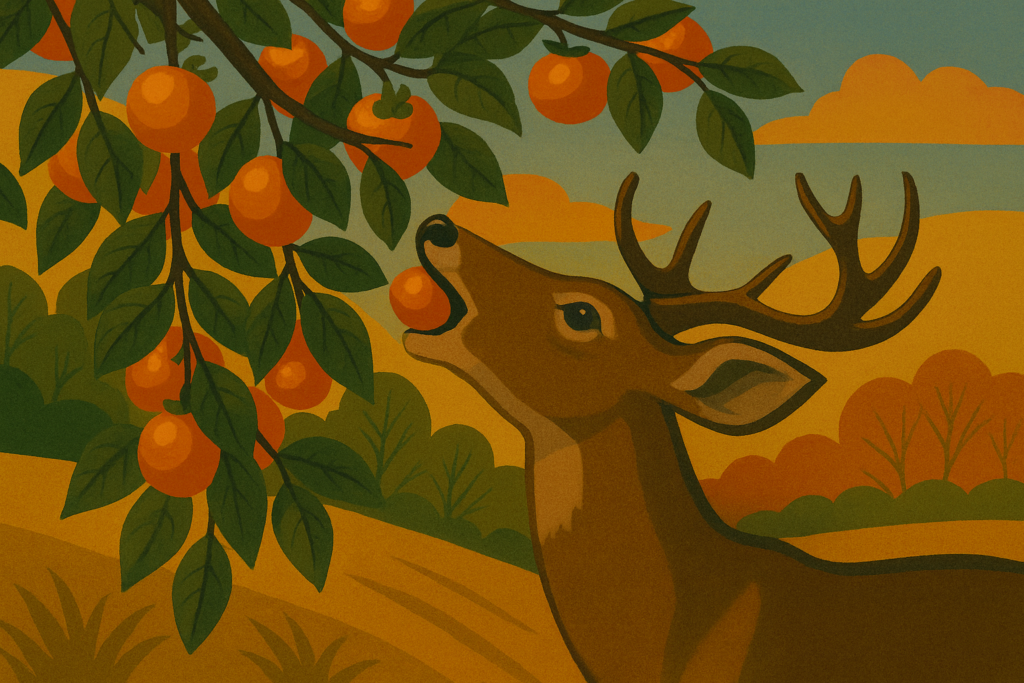 Cartoon of whitetail deer eating American Persimmon Fruit